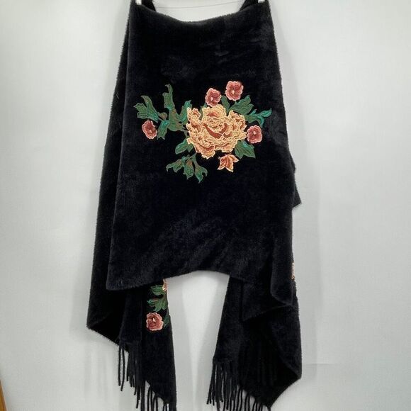 Black Fringed Embroidered Floral Open Cardigan Kimono Sweater One Size - Picture 3 of 4